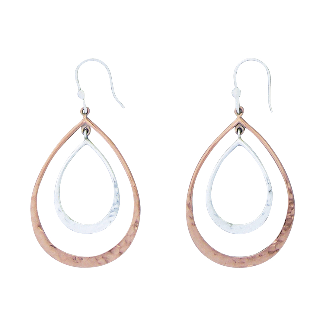 27233earring 2 teardrops Silver & Copper hammered