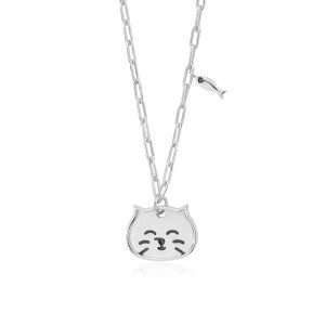 Close-Out-57240 <br> necklace cat face w/ fish 16"+2"ext Sterling Silver RP