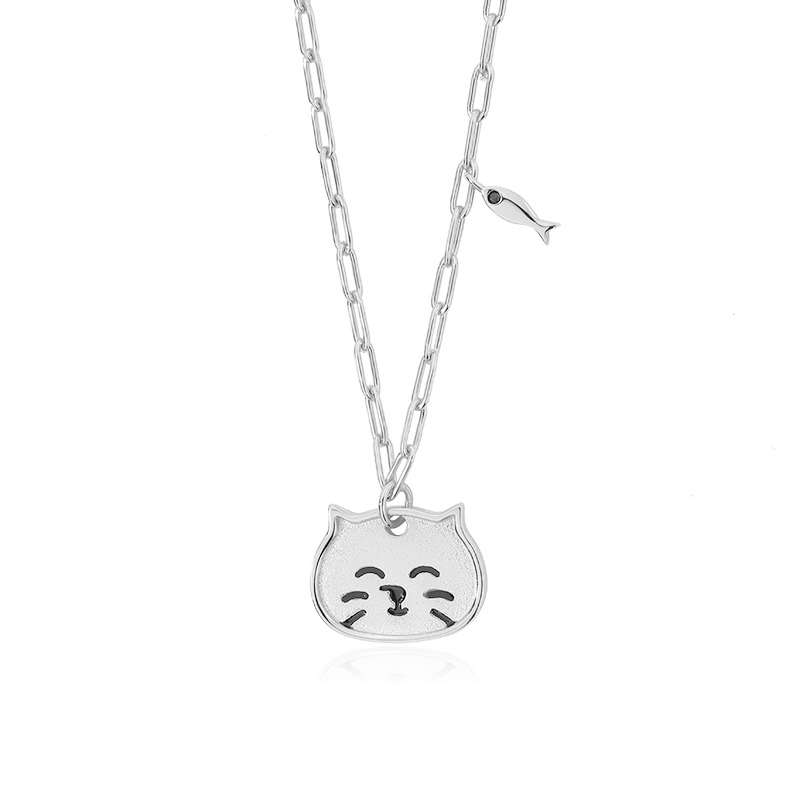 Close-Out-57240 <br> necklace cat face w/ fish 16"+2"ext Sterling Silver RP - Image 1