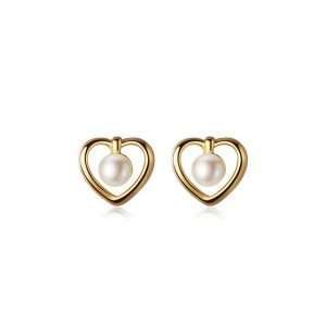 Close-Out-92162 <br> ear stud hollow heart w/ freshwater pearl .925 Gold Plated