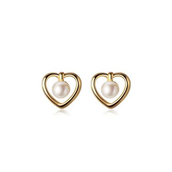 Close-Out-92162 <br> ear stud hollow heart w/ freshwater pearl .925 Gold Plated - Image 1