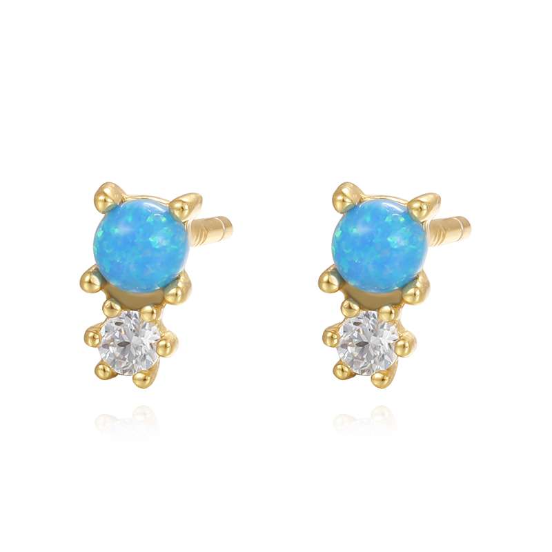 Close-Out-92174 <br> ear stud 3 mm blue opal w/ CZ .925 Gold Plated - Image 1