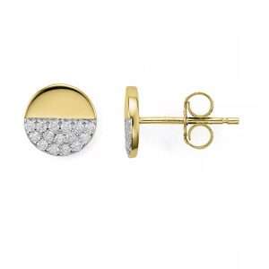 Close-Out-92188 <br> ear stud solid disc w/ CZ's .925 Gold Plated