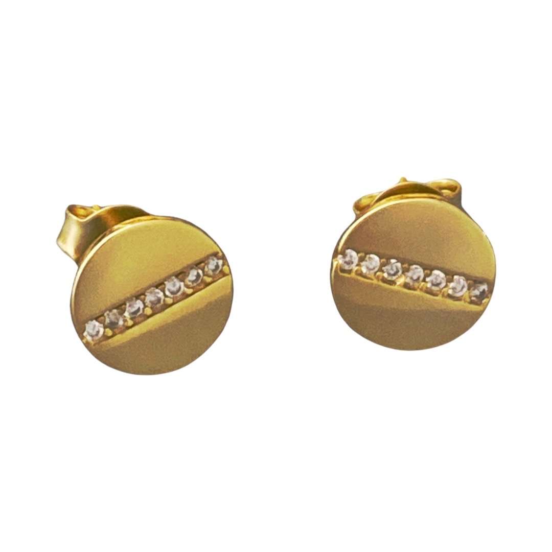 Close-Out-92185 <br> ear stud disc w/ line of CZ's .925 Gold Plated - Image 1