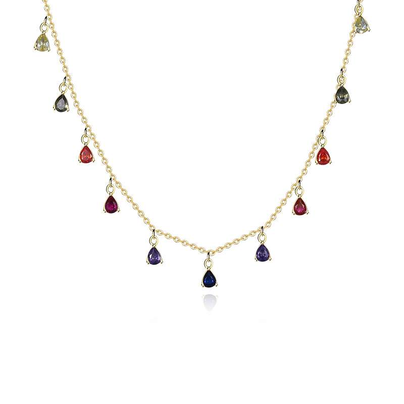 95143 <br> necklace rainbow colored water drop CZ's 16"+2" ext  .925 Gold plated - Image 3
