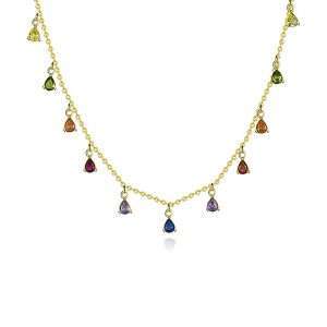 95143 <br> necklace rainbow colored water drop CZ's 16"+2" ext .925 Gold plated