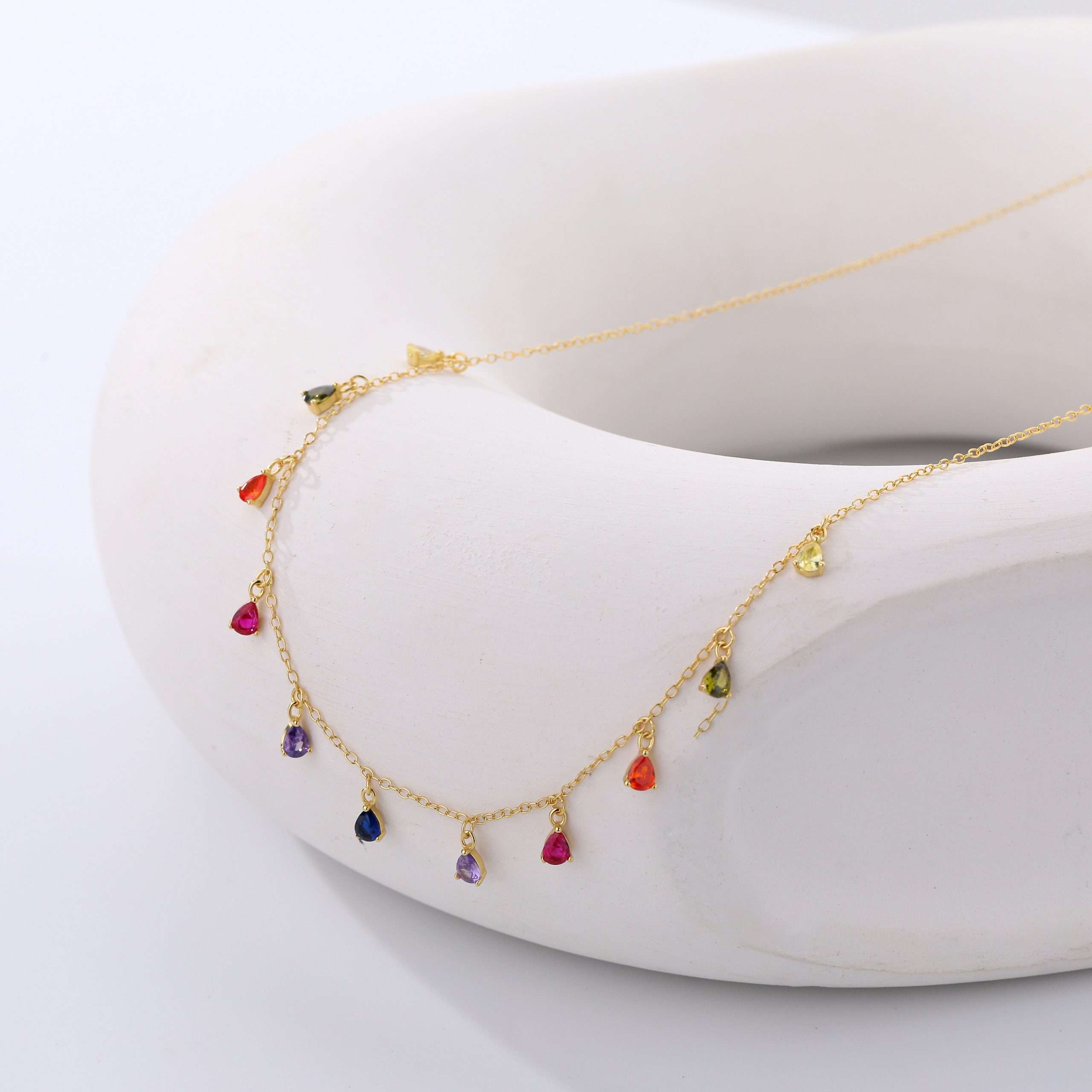 95143 <br> necklace rainbow colored water drop CZ's 16"+2" ext  .925 Gold plated - Image 2