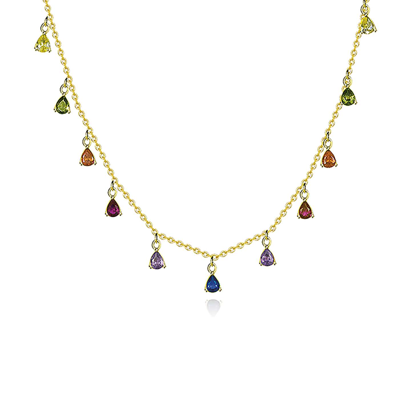 95143 <br> necklace rainbow colored water drop CZ's 16"+2" ext  .925 Gold plated - Image 1