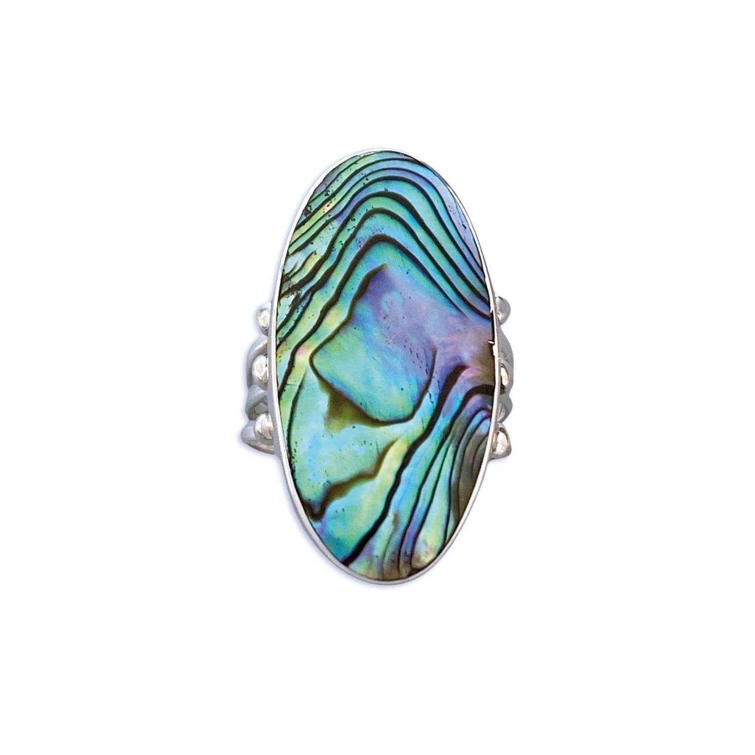 14112 <br> ring 3 branches oval ABALONE stone w/beads - Image 1