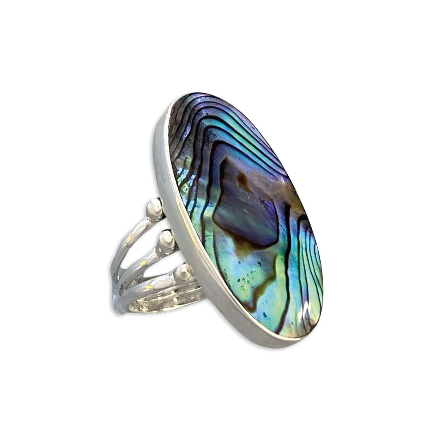 14112 <br> ring 3 branches oval ABALONE stone w/beads - Image 2