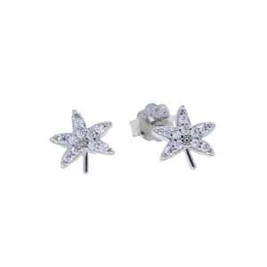 Close-Out-27249 <br> ear stud 5 petal CZ Maple Leaf w/ bead center .925 RP