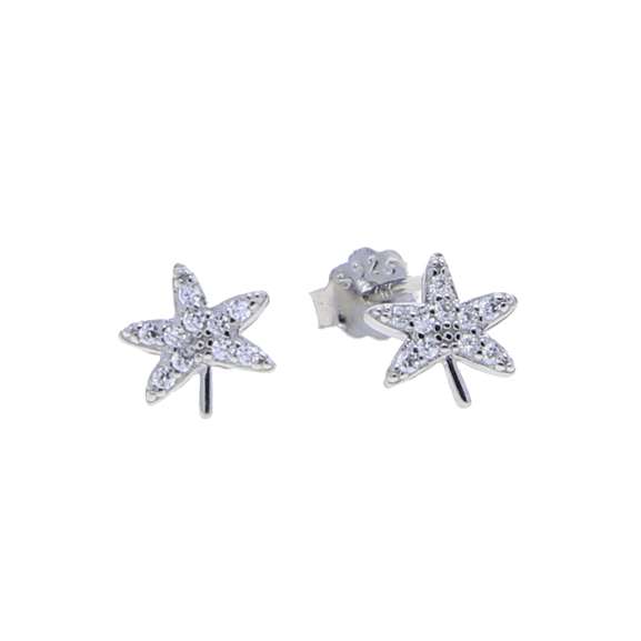 Close-Out-27249 <br> ear stud 5 petal CZ Maple Leaf w/ bead center .925 RP - Image 1