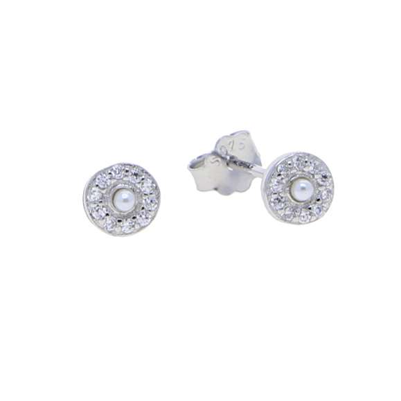 Close-Out-27276 <br> ear stud CZ filled circle w/ 3mm shell pearl  .925 RP - Image 1