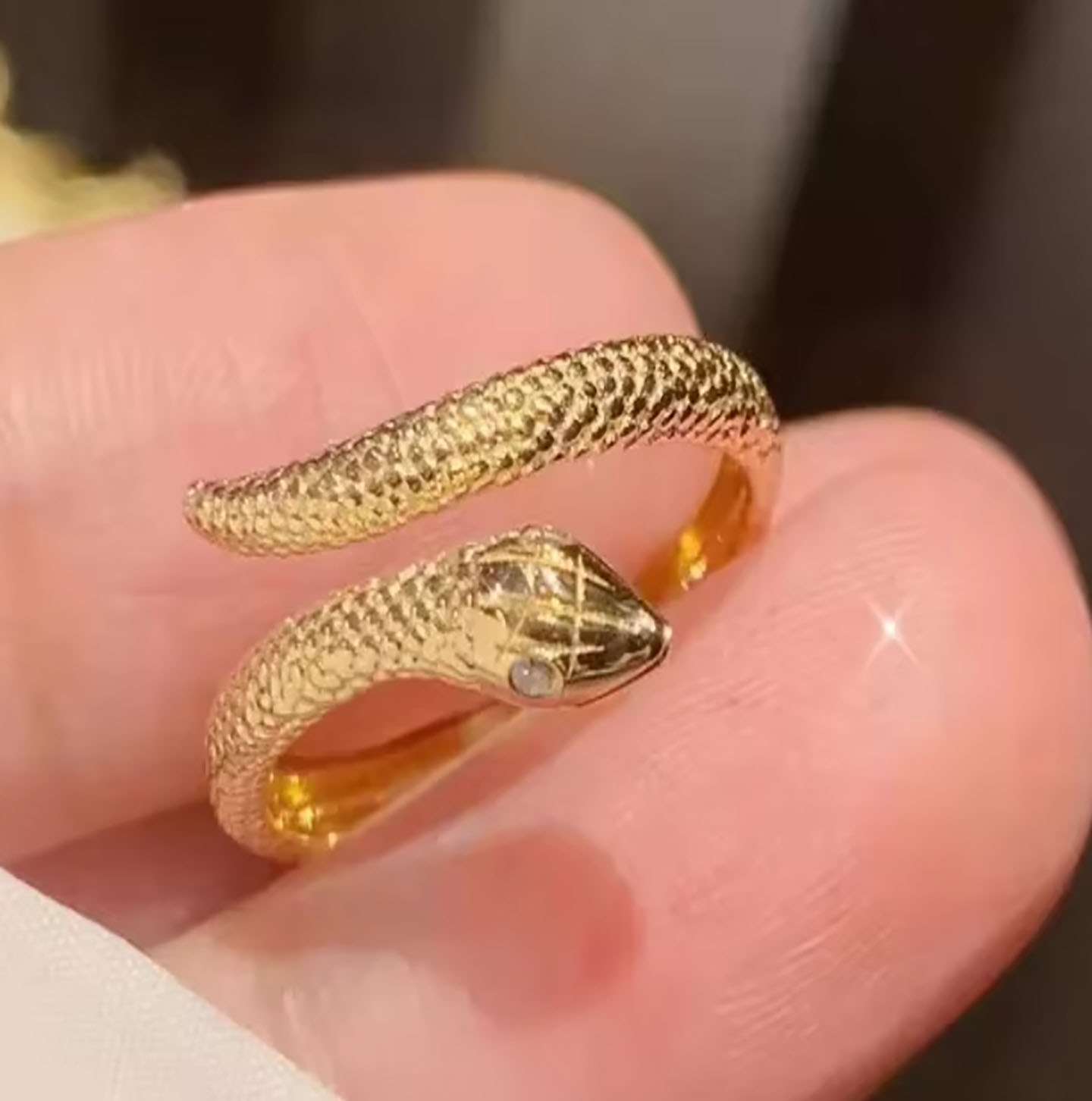 Close-Out-91027 <br> ring textured snake w/ CZ eyes .925 Gold Plated - Image 2