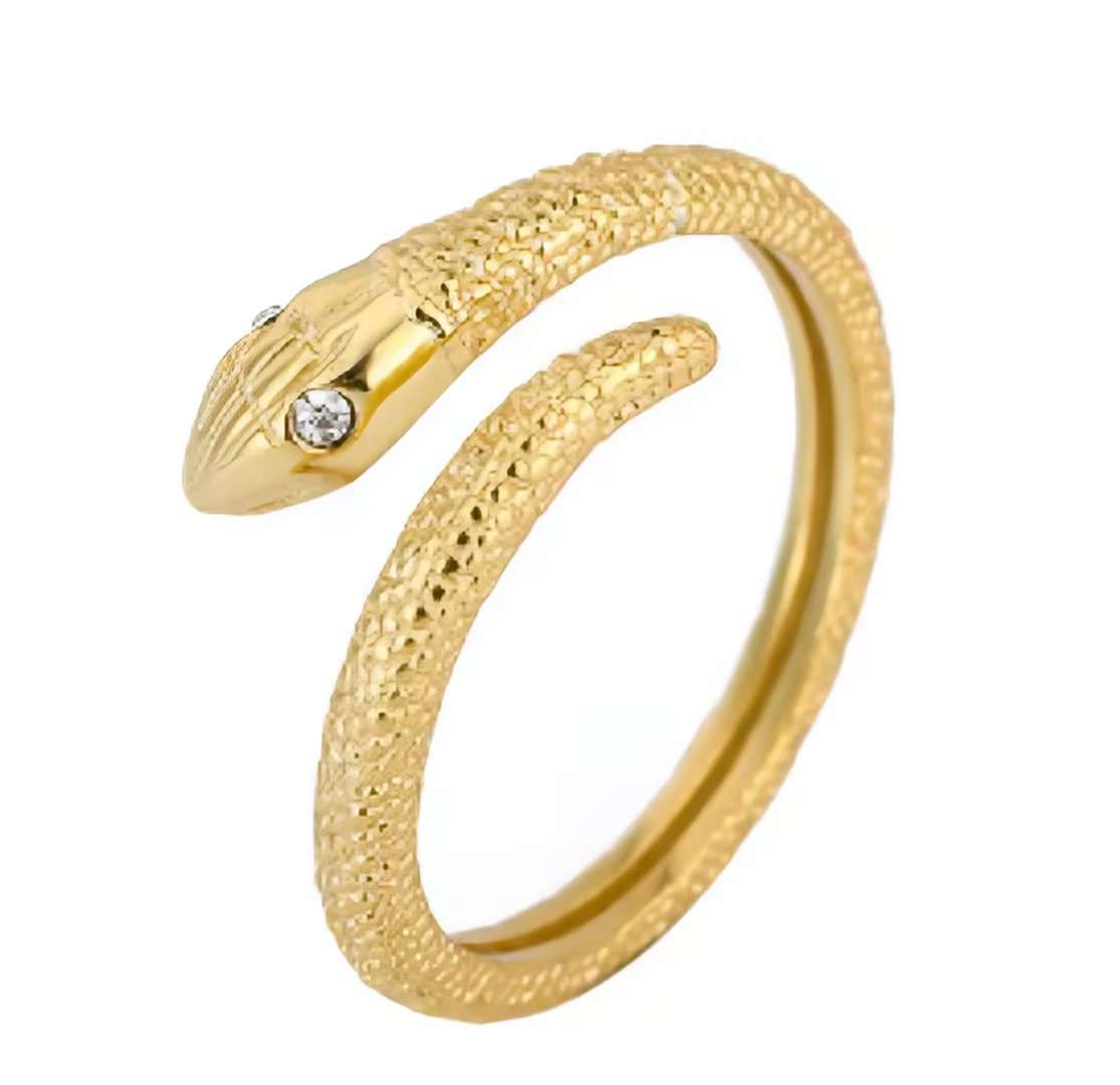 Close-Out-91027 <br> ring textured snake w/ CZ eyes .925 Gold Plated - Image 1