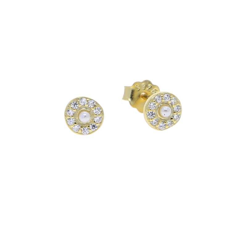 92006 <br> ear stud CZ filled circle w/ 3mm shell pearl  .925 Gold Plated - Image 1