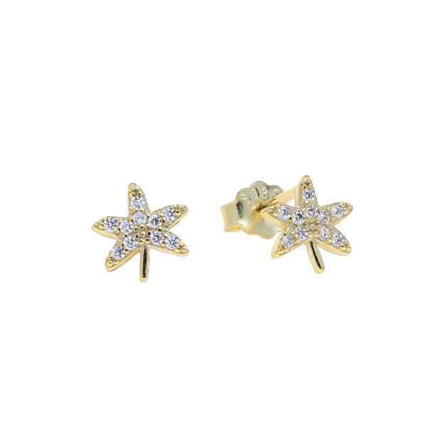 Close-Out-92197 <br> ear stud 5 petal CZ maple leaf w/ bead center .925 Gold Plated - Image 1