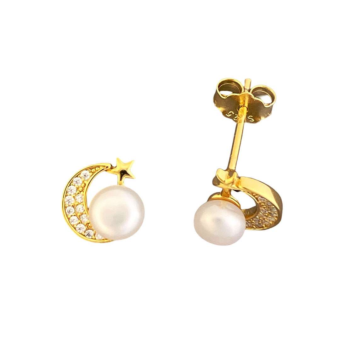 Close-Out-92199 <br> ear stud CZ moon w/ freshwater pearl .925  Gold Plated - Image 2