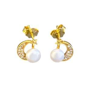 Close-Out-92199 <br> ear stud CZ moon w/ freshwater pearl .925 Gold Plated