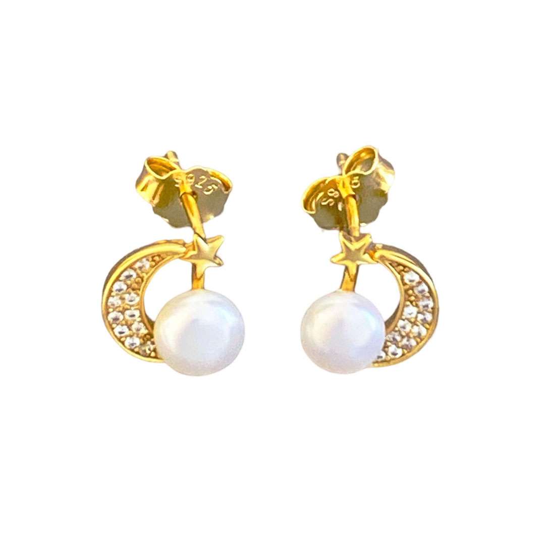 Close-Out-92199 <br> ear stud CZ moon w/ freshwater pearl .925  Gold Plated - Image 1
