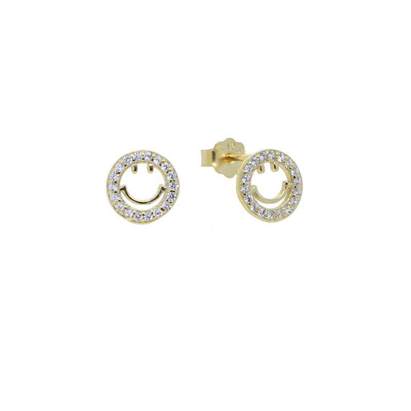 Close-Out-92203 <br> ear stud smiley face CZ outline .925 Gold Plated - Image 1