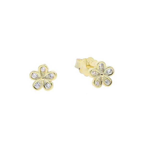 92209 <br> ear stud 5 petal Pave flower .925 Gold Plated - Image 1