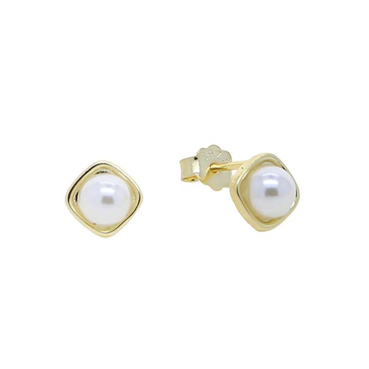 92216 <br> ear stud 5mm shell pearl in square frame .925 Gold Plated - Image 1