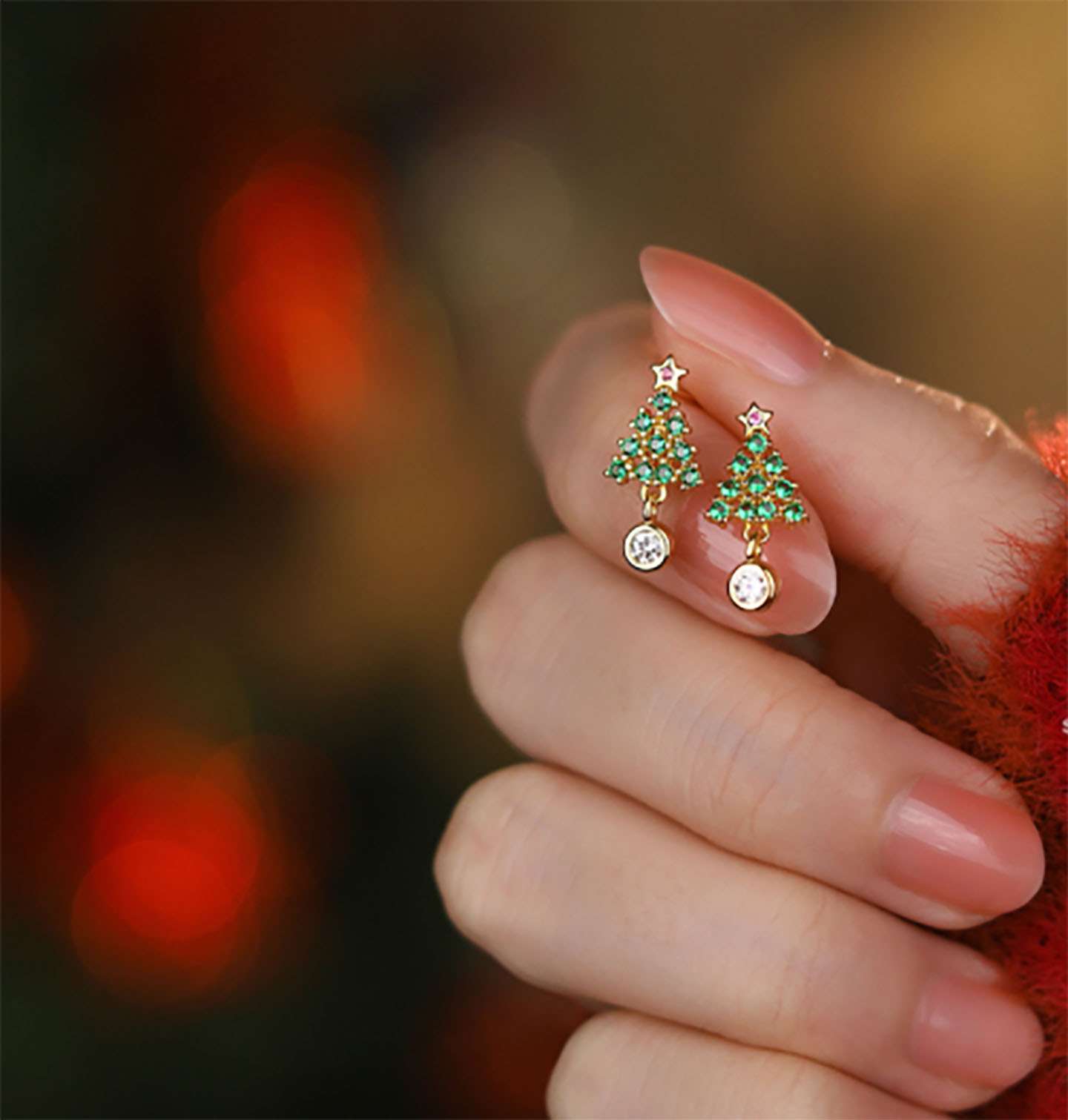 Close-Out-92218 <br> ear stud CZ tree w/ CZ drop .925 Gold Plated - Image 2
