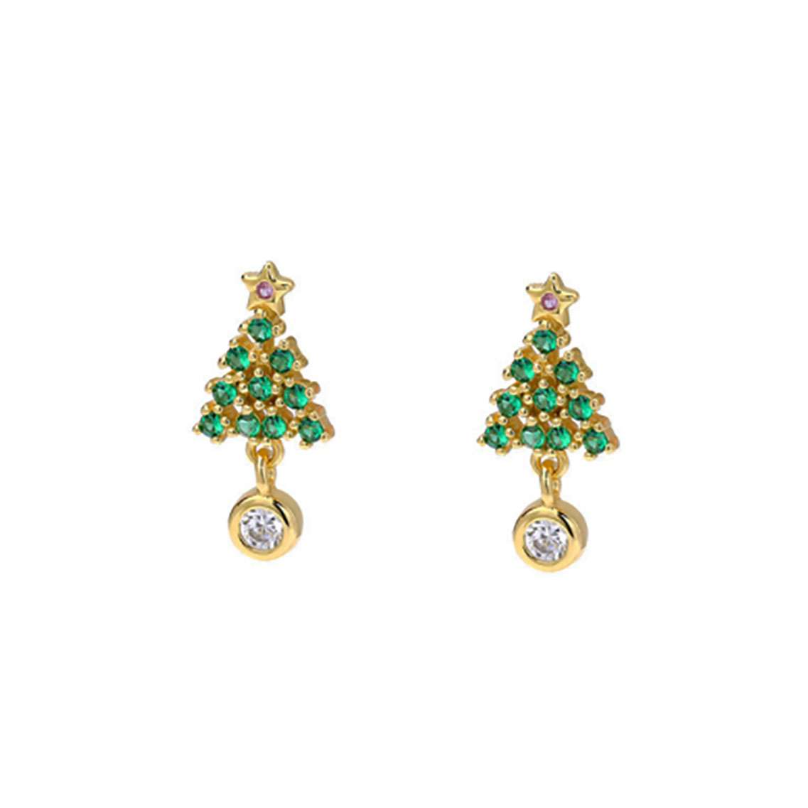 Close-Out-92218 <br> ear stud CZ tree w/ CZ drop .925 Gold Plated - Image 1