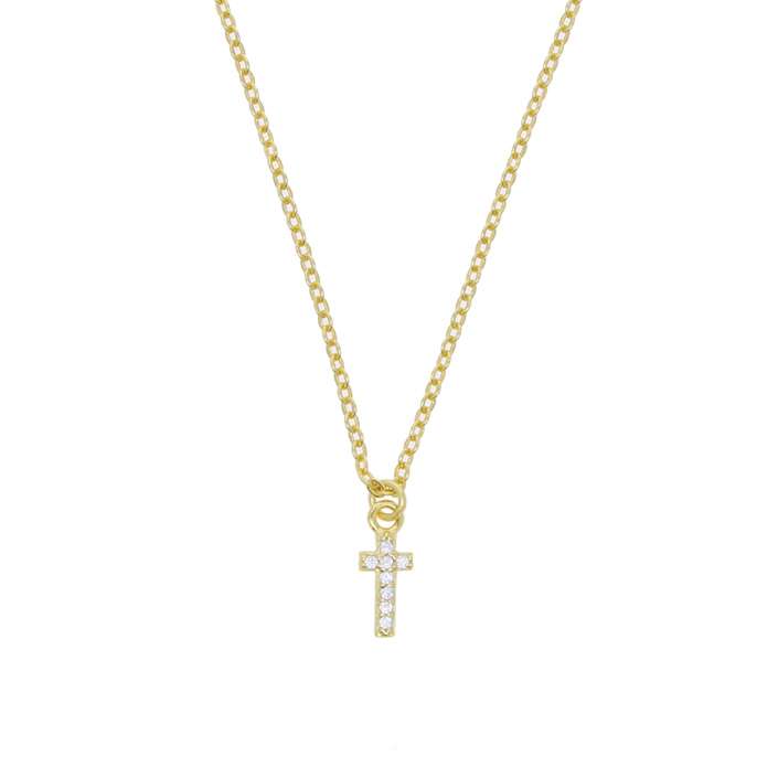 Close-Out-95213 <br> necklace mini CZ cross 16+2" ext  .925  Gold Plated - Image 1