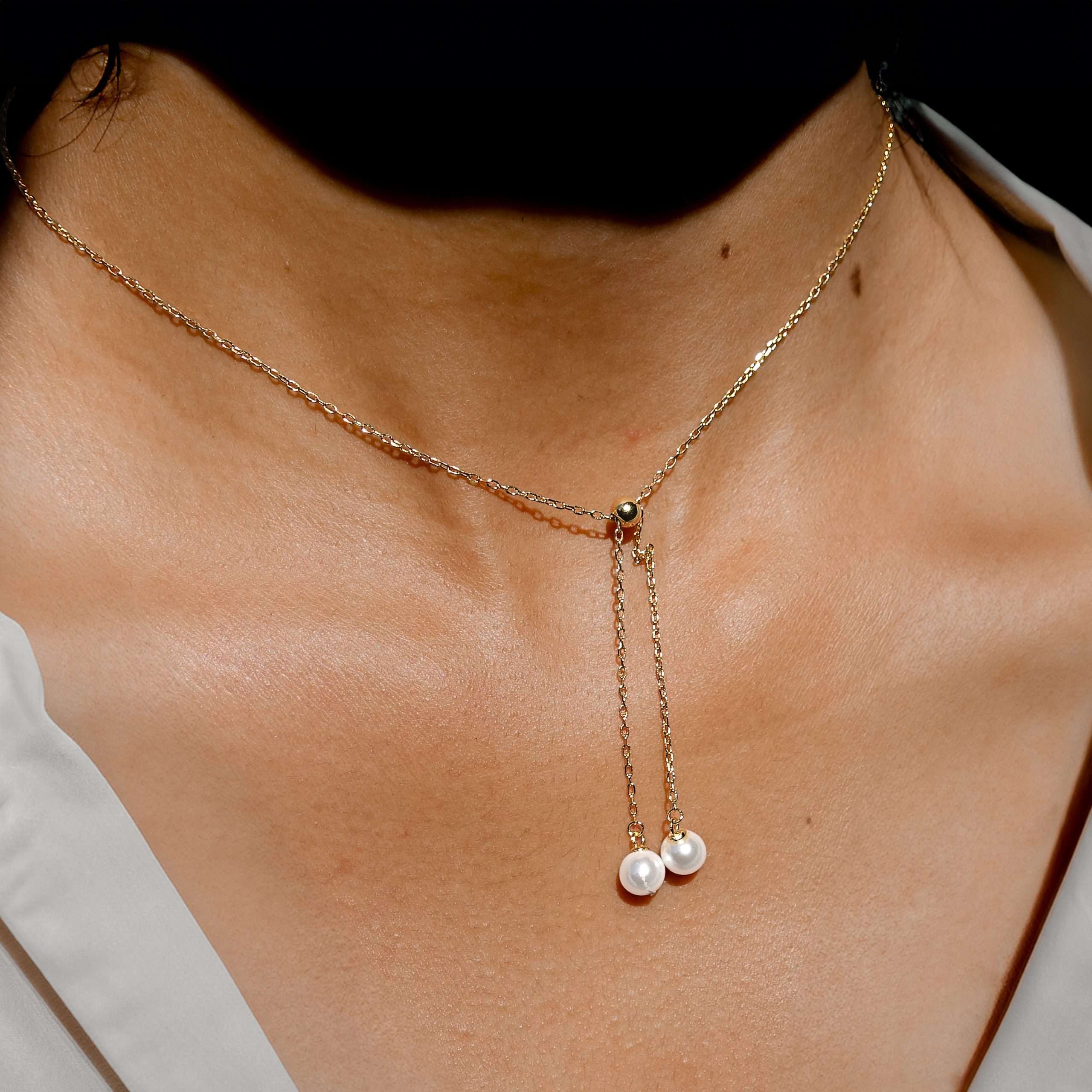 Close-Out-95194 <br> necklace Y double shell pearl drop 16"+2" ext .925 Gold Plated - Image 3