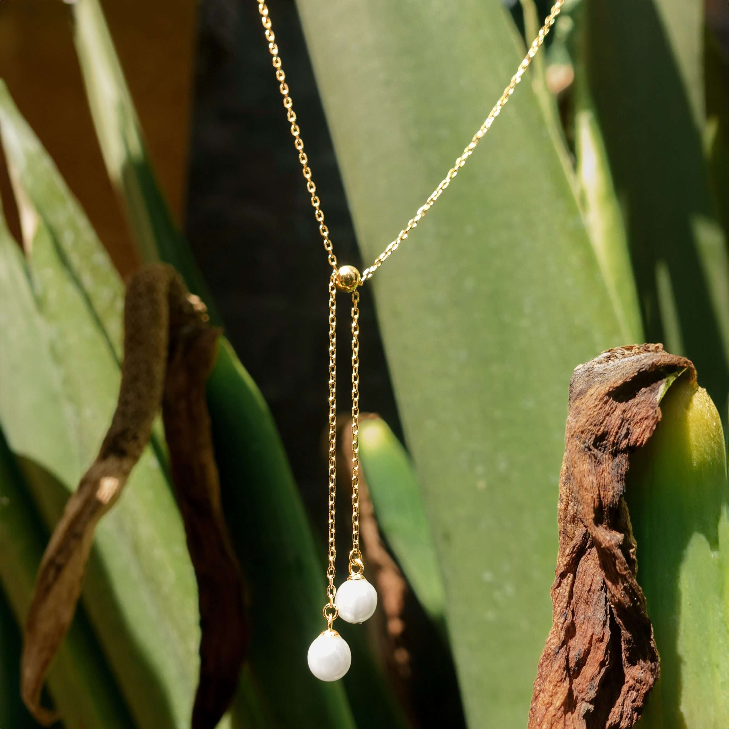 Close-Out-95194 <br> necklace Y double shell pearl drop 16"+2" ext .925 Gold Plated - Image 2