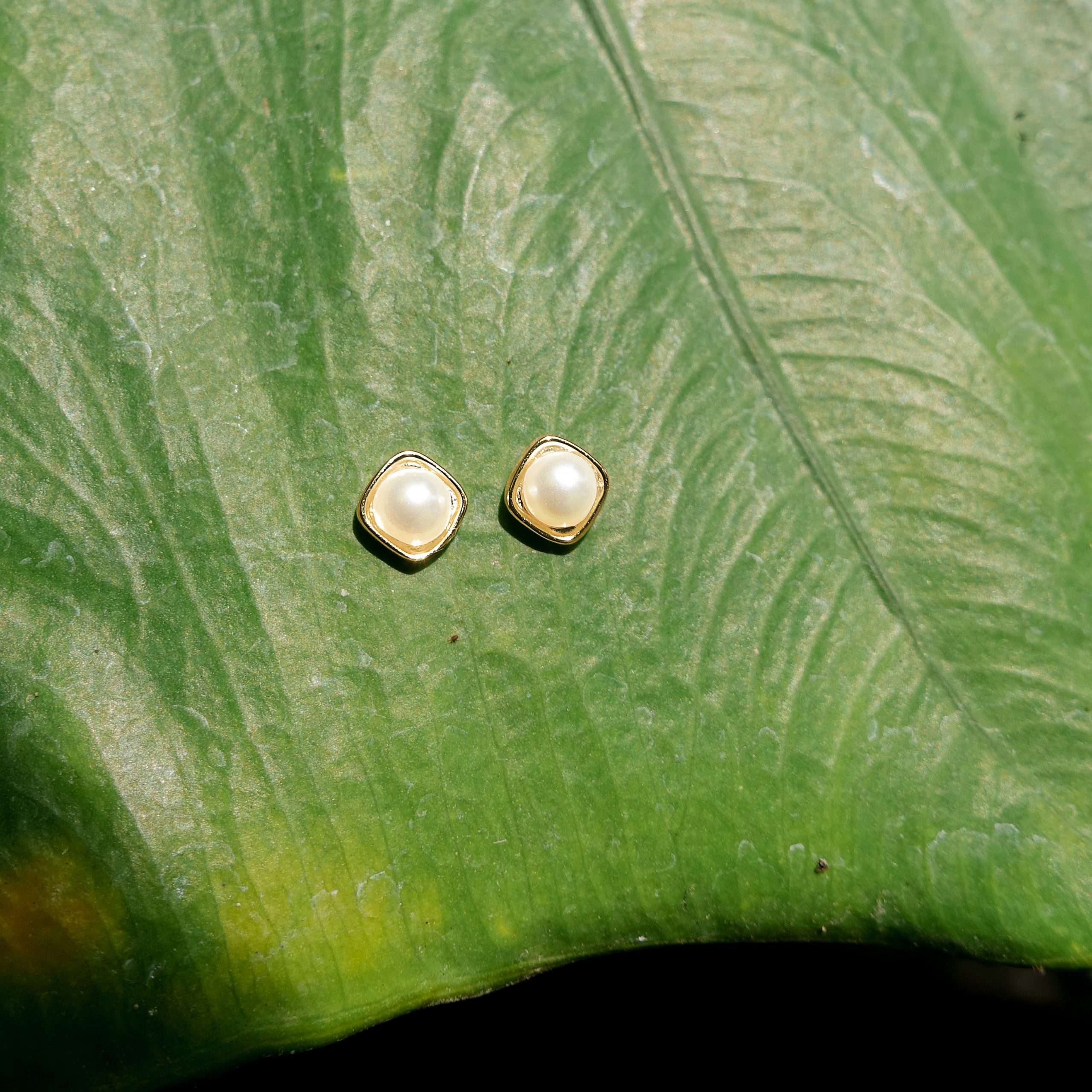 92216 <br> ear stud 5mm shell pearl in square frame .925 Gold Plated - Image 2