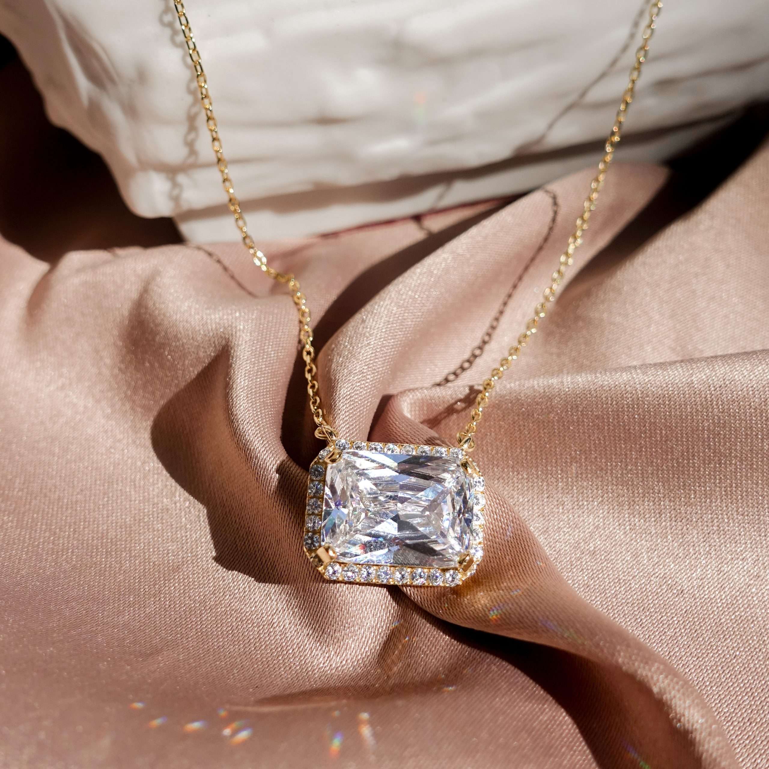 Close-Out-95228 <br> necklace  white CZ emerald cut  16+2" ext .925 Gold Plated - Image 2