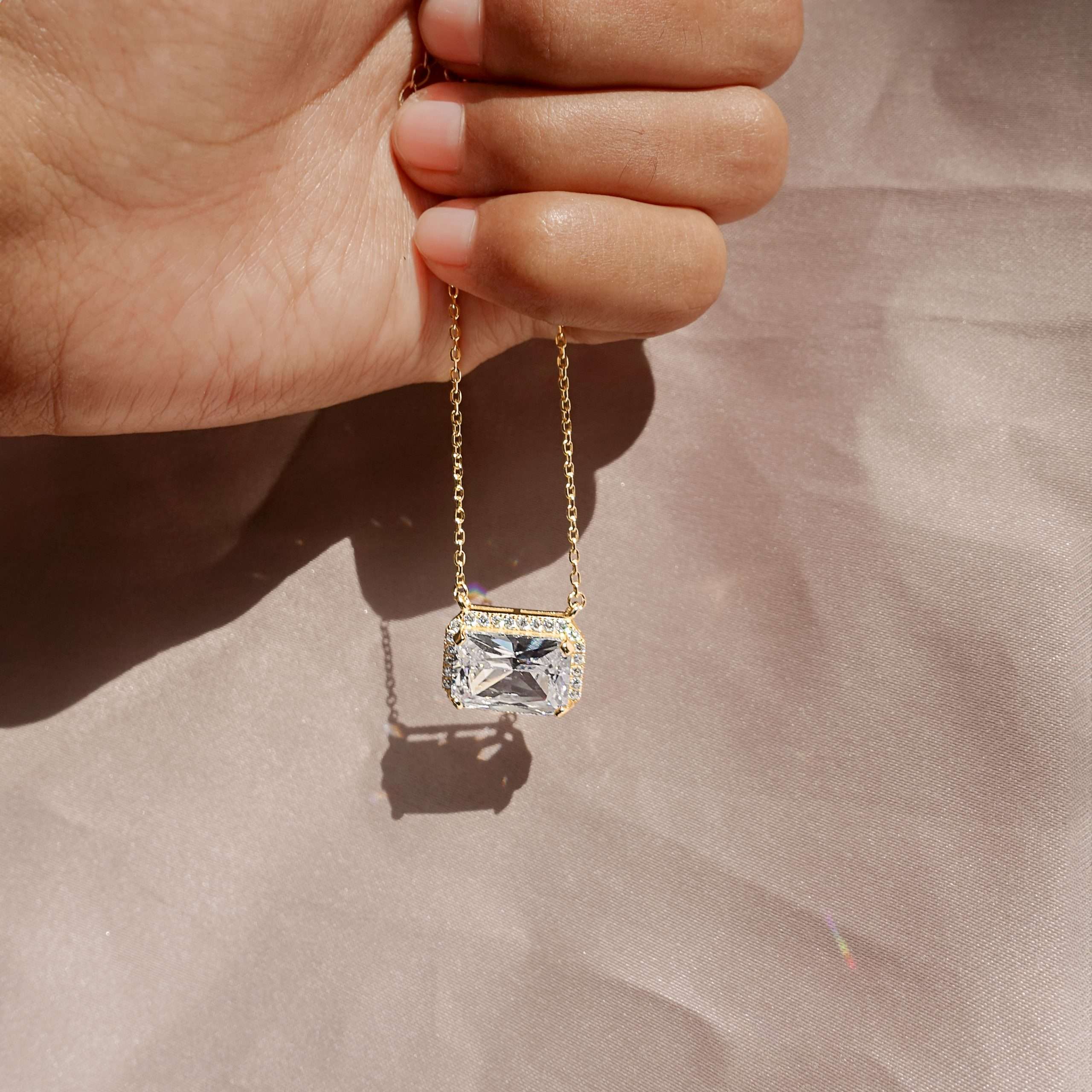 Close-Out-95228 <br> necklace  white CZ emerald cut  16+2" ext .925 Gold Plated - Image 3
