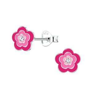 28052 <br> ear stud 7x7 enamel/crystal flower .925 E-coat