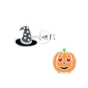 Close-Out-28053 <br> ear stud 9x9 enamel witch hat/pumpkin .925 E-coat