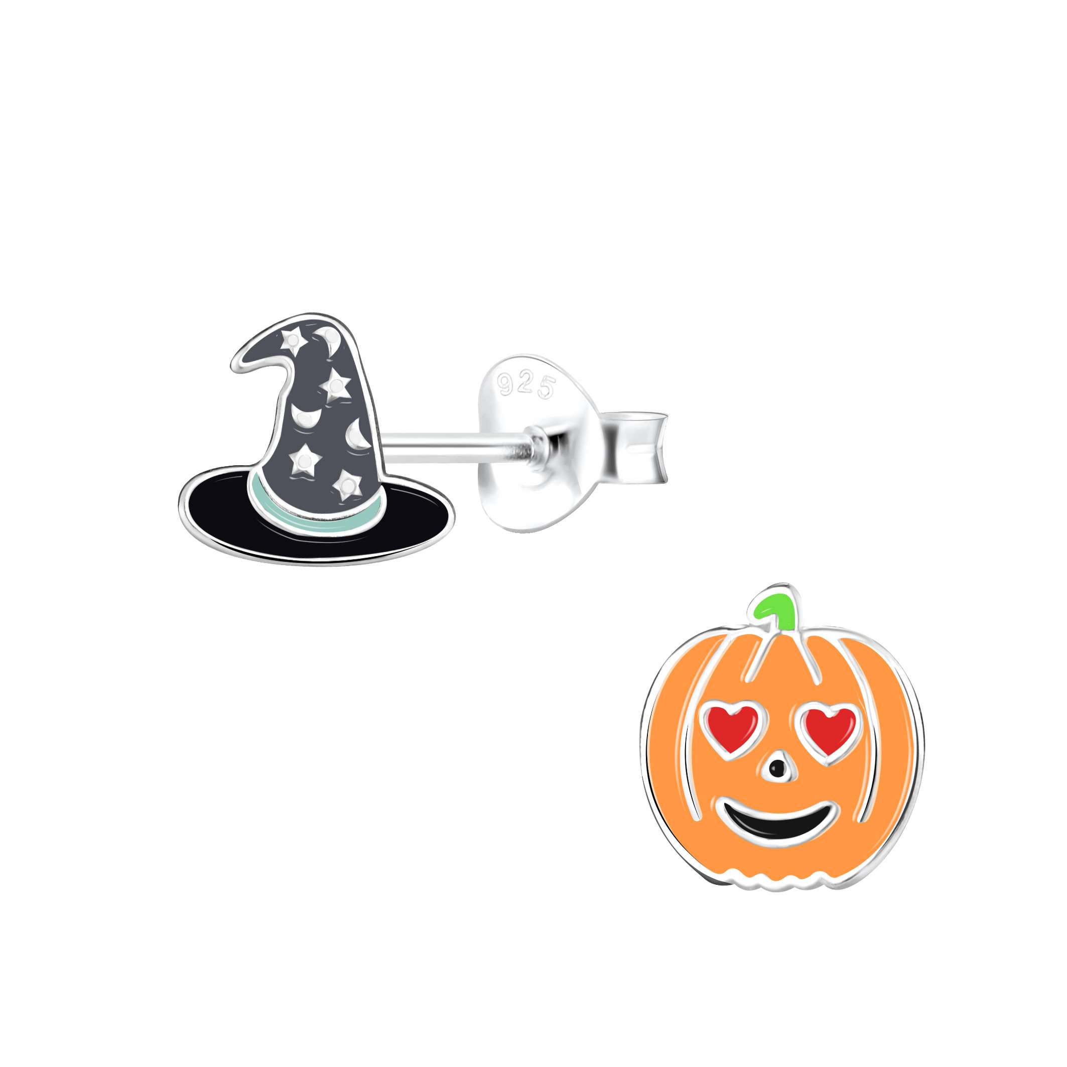 Close-Out-28053 <br> ear stud 9x9 enamel witch hat/pumpkin .925 E-coat - Image 1