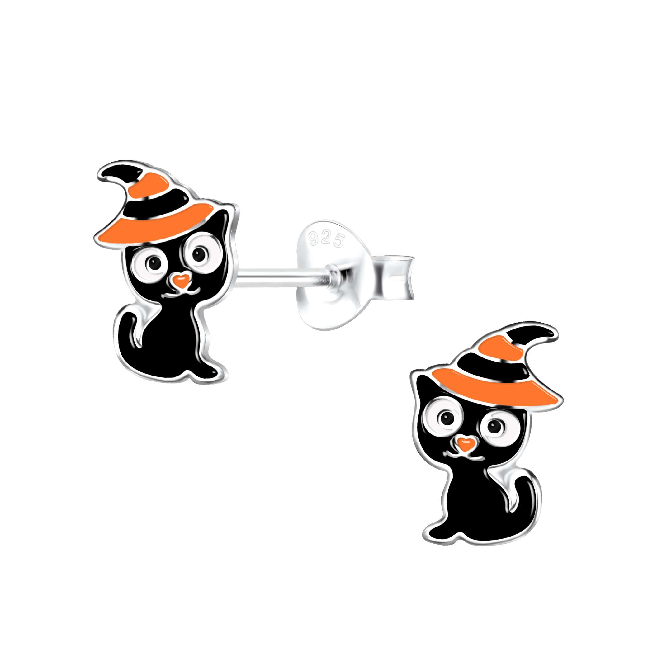 Close-Out-28054 <br> ear stud 6x9 enamel black cats  925 E-coat - Image 1