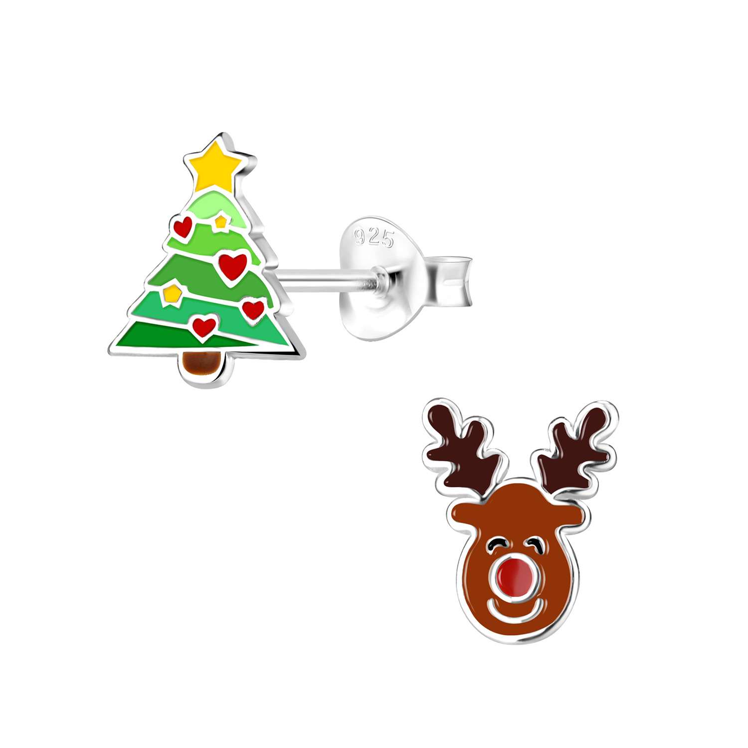 Close-Out-28059 <br> ear stud 9x10 enamel reindeer / tree .925 E-coat - Image 1