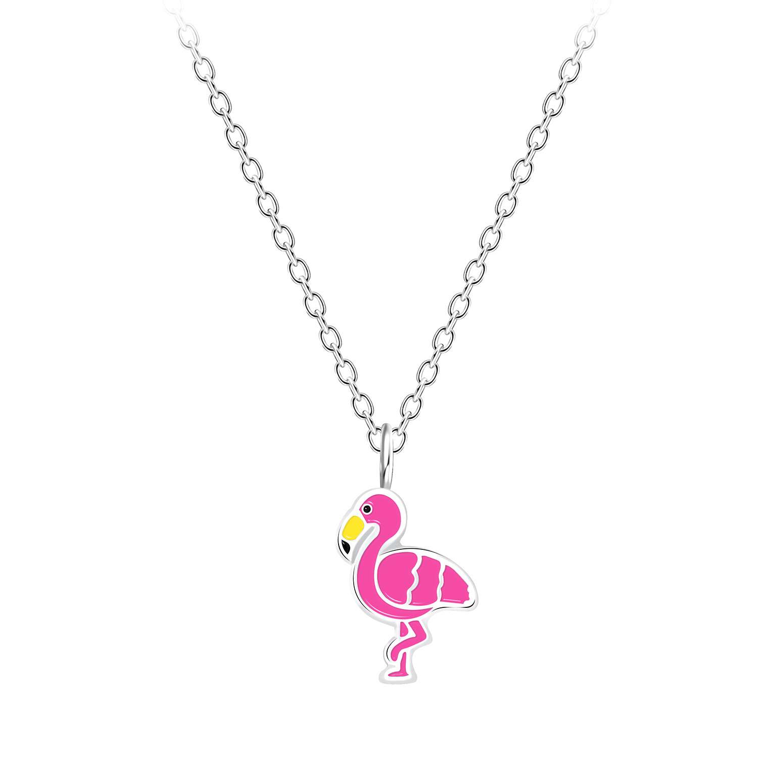 Close-Out-58009<br> necklace 7x9 enamel flamingo 14"+2"ext  .925 E-coat - Image 1