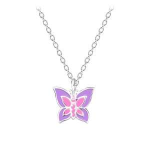 58012 <br> necklace 35.5x5 enamel butterfly 14"+2" ext .925 E-coat