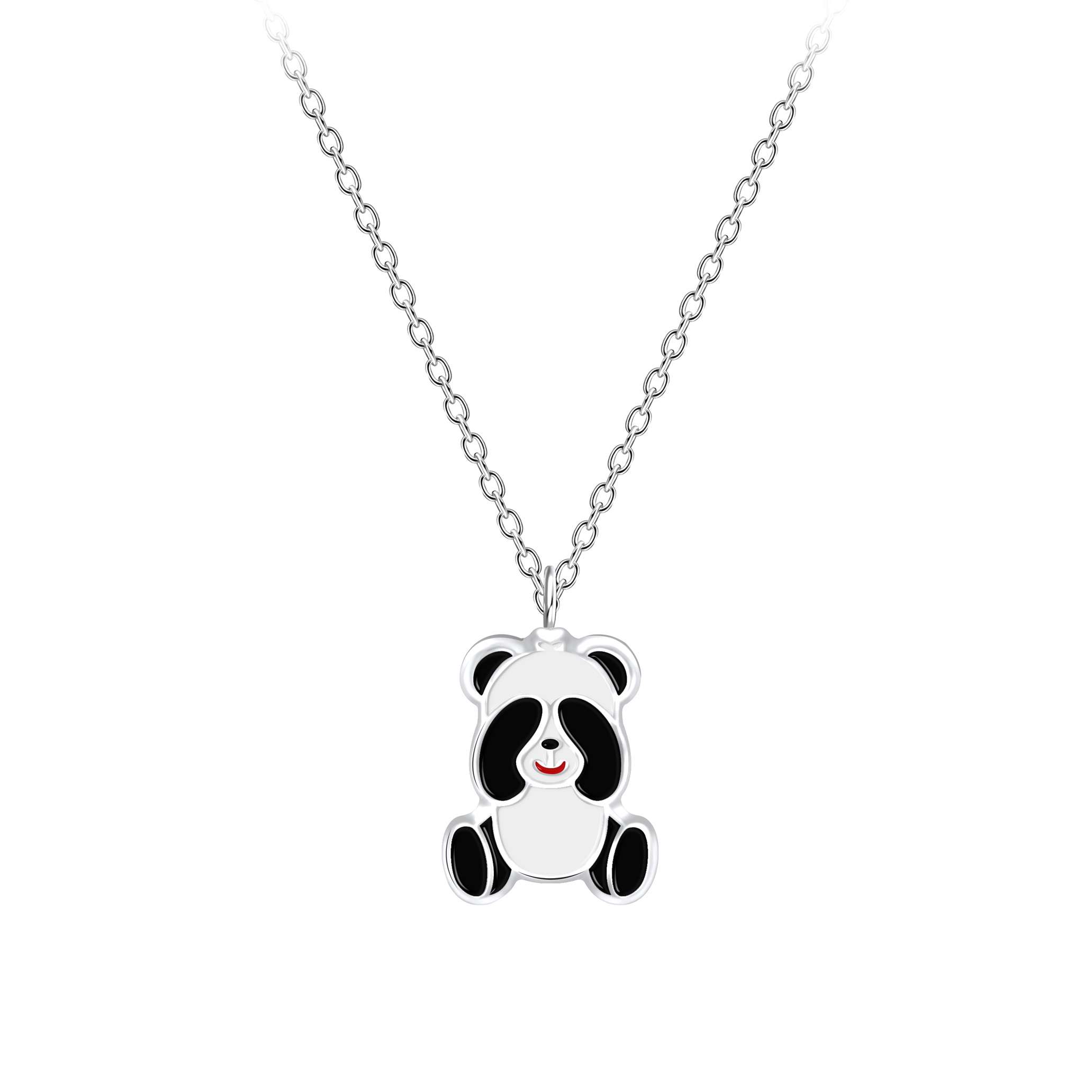 Close-Out-58013 <br> necklace 35.5x5 enamel panda 14"+2" ext  .925 E-coat - Image 1
