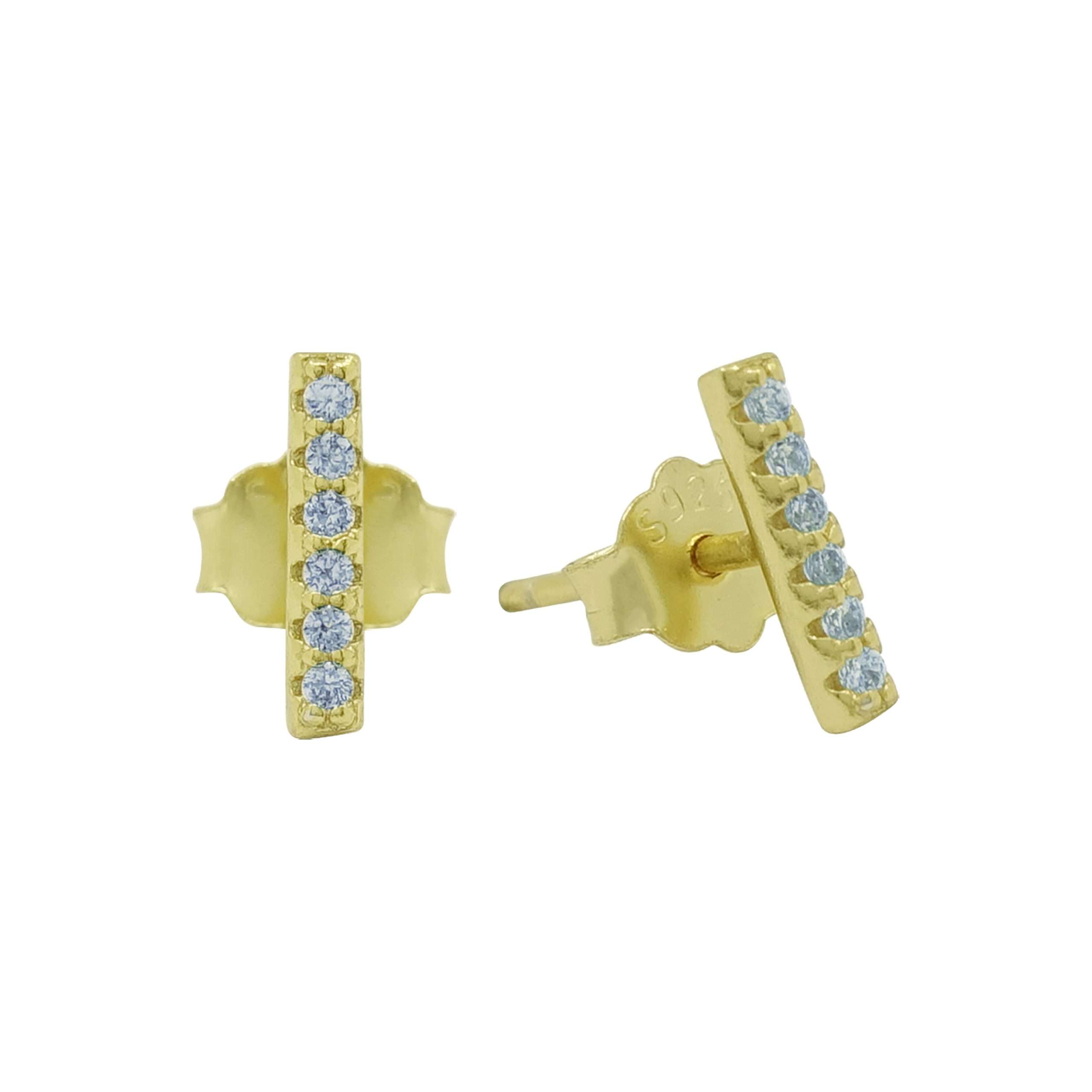 Close-Out-92077 <br> ear stud 8mm bar w/ CZ's .925 goldplated - Image 1