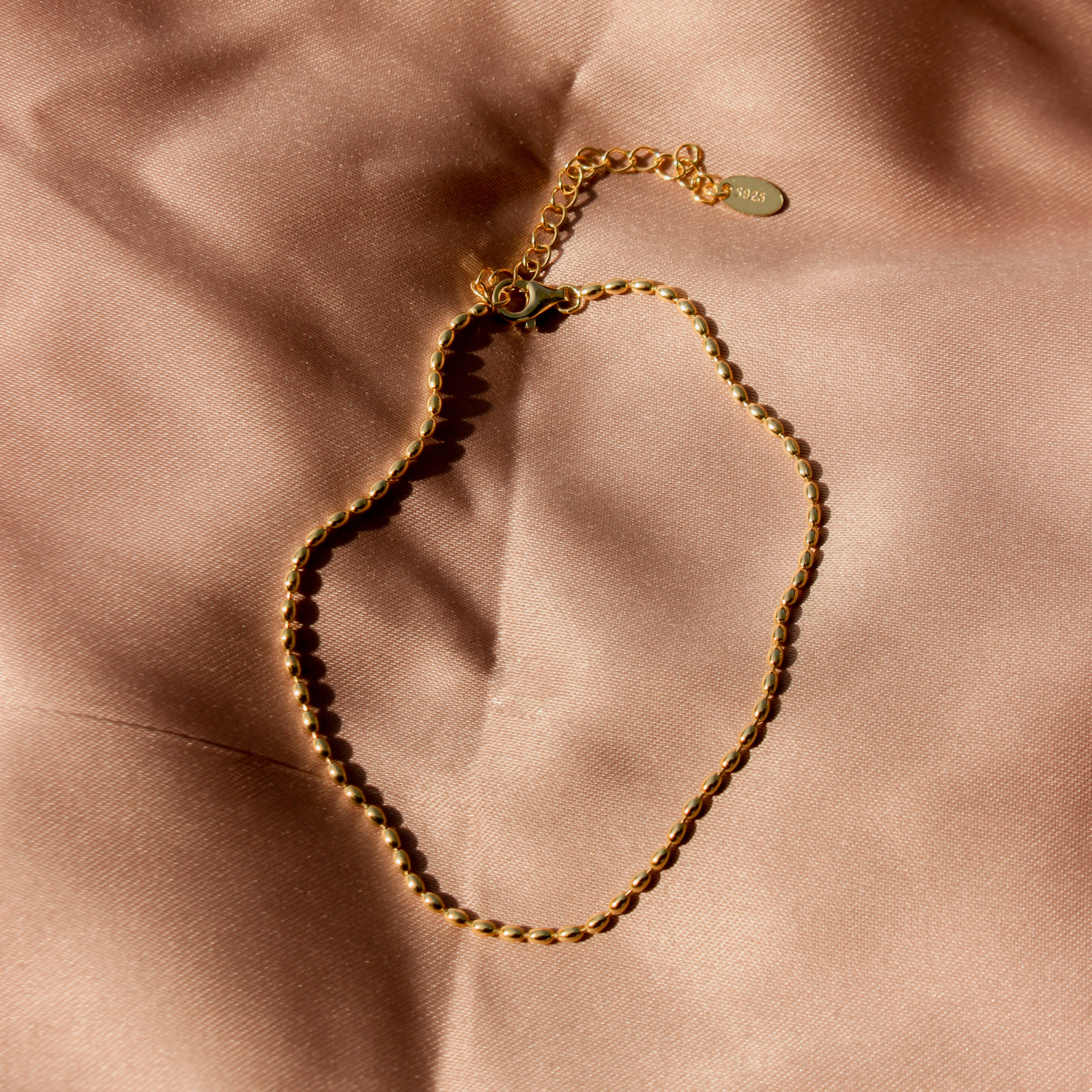 94501 <br> anklet oval rice bead chain 8"+2" ext  .925 14k goldplated - Image 2