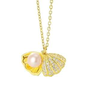 95233 <br> necklace pearl in a shell 16"+2" ext .925 goldplated