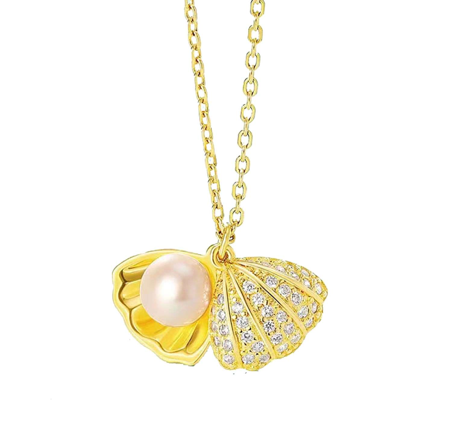 95233 <br> necklace pearl in a shell 16"+2" ext .925 goldplated - Image 1
