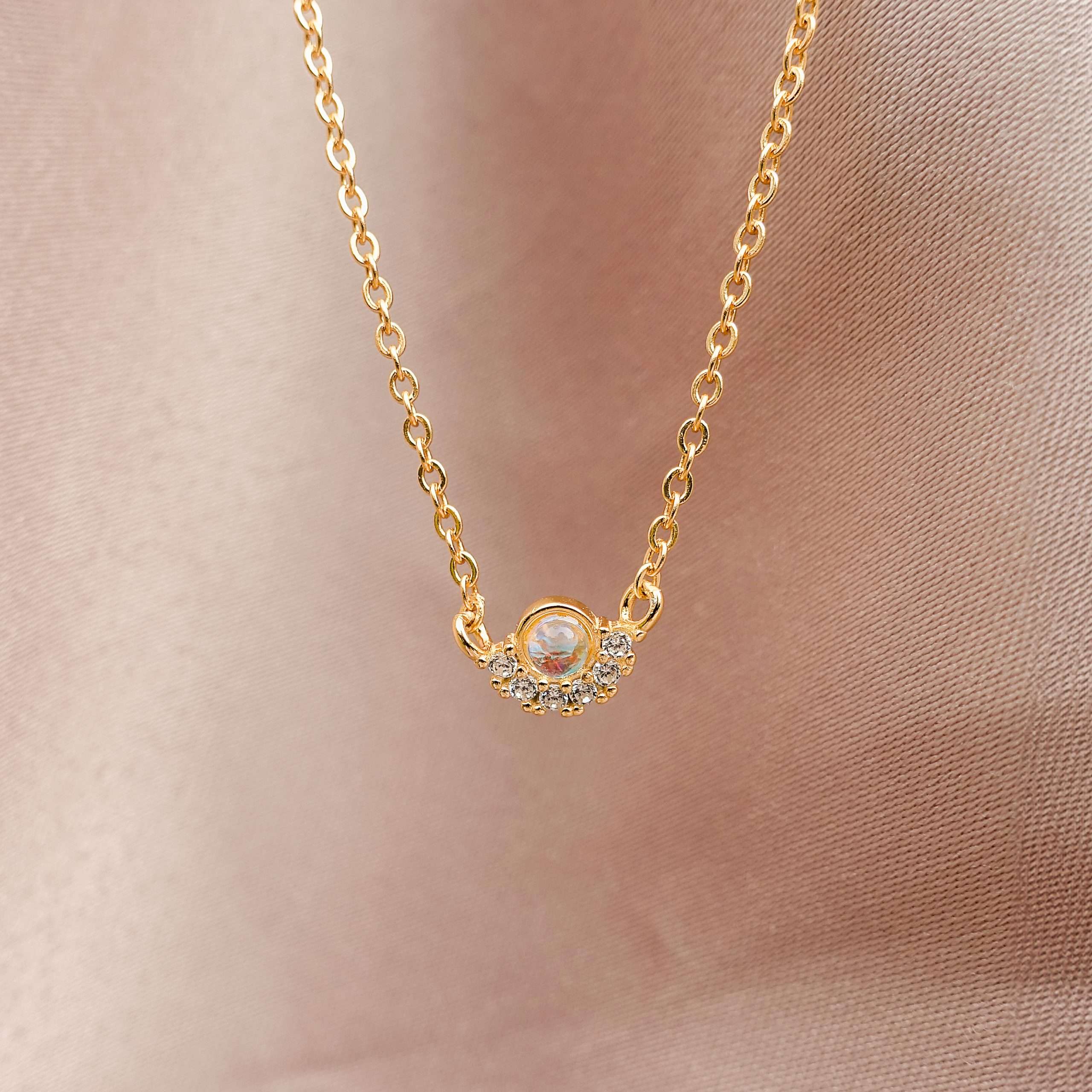 Close-Out-95261 <br> necklace moonstone w/ CZ's 16"+2" ext .925 goldplated - Image 2