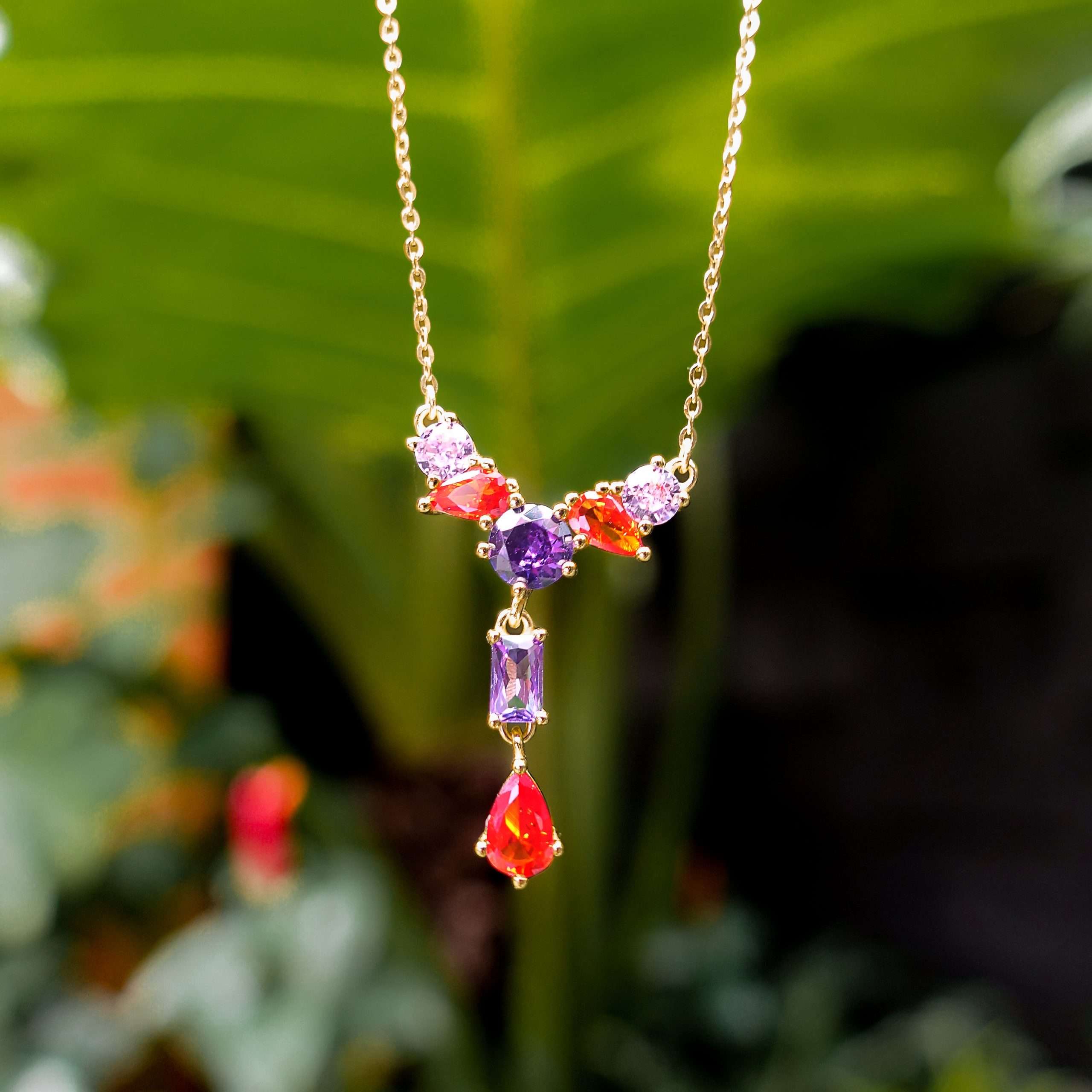Close-Out-95247 <br> necklace Y shape w/ scattered multi color CZ's .925 goldplated - Image 2