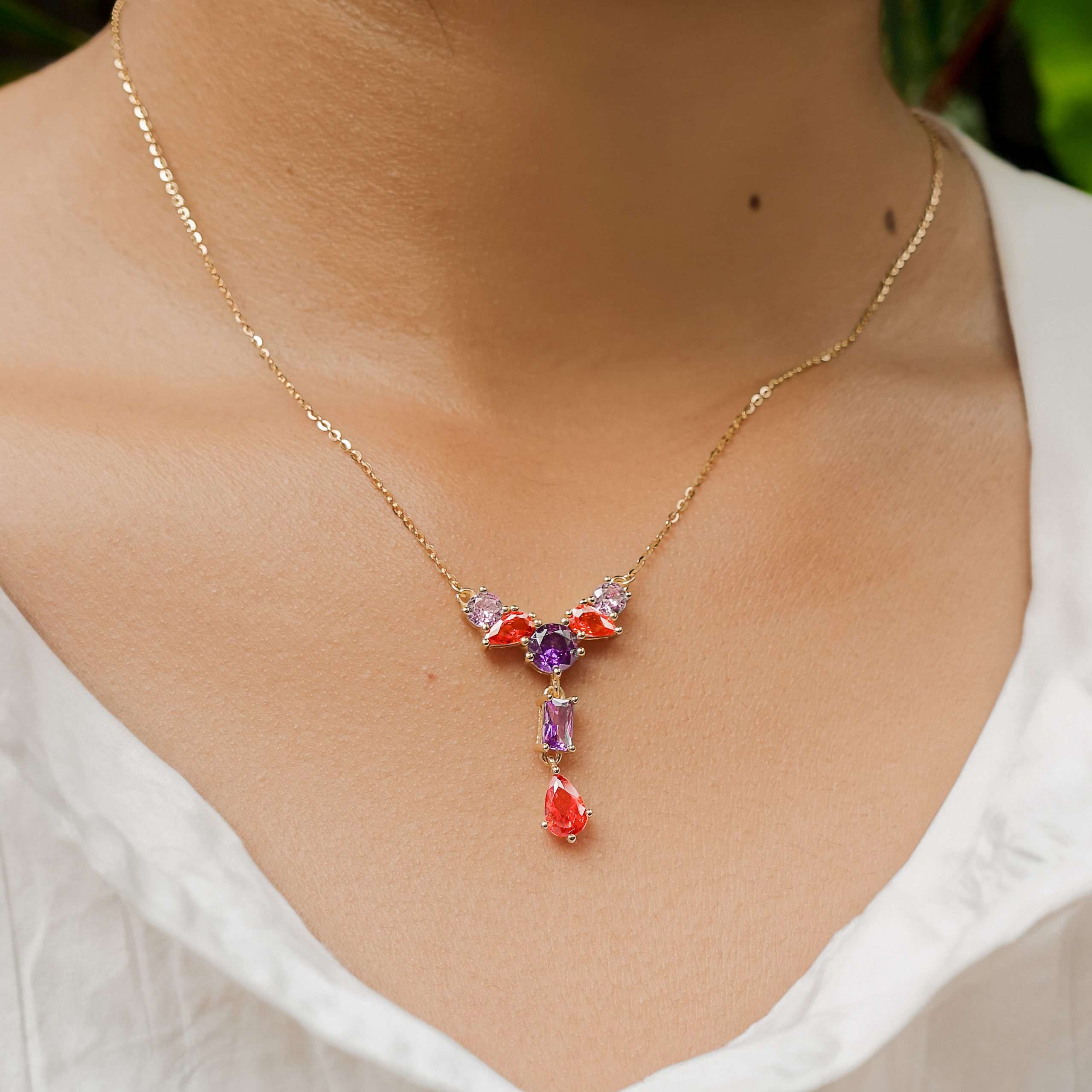 Close-Out-95247 <br> necklace Y shape w/ scattered multi color CZ's .925 goldplated - Image 3